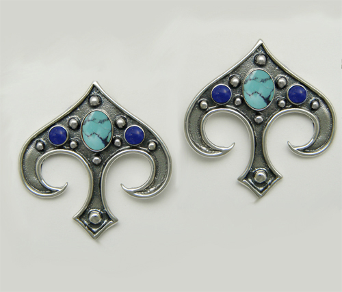 Sterling Silver Gothic Inspired Drop Dangle Earrings With Chinese Turquoise And Lapis Lazuli